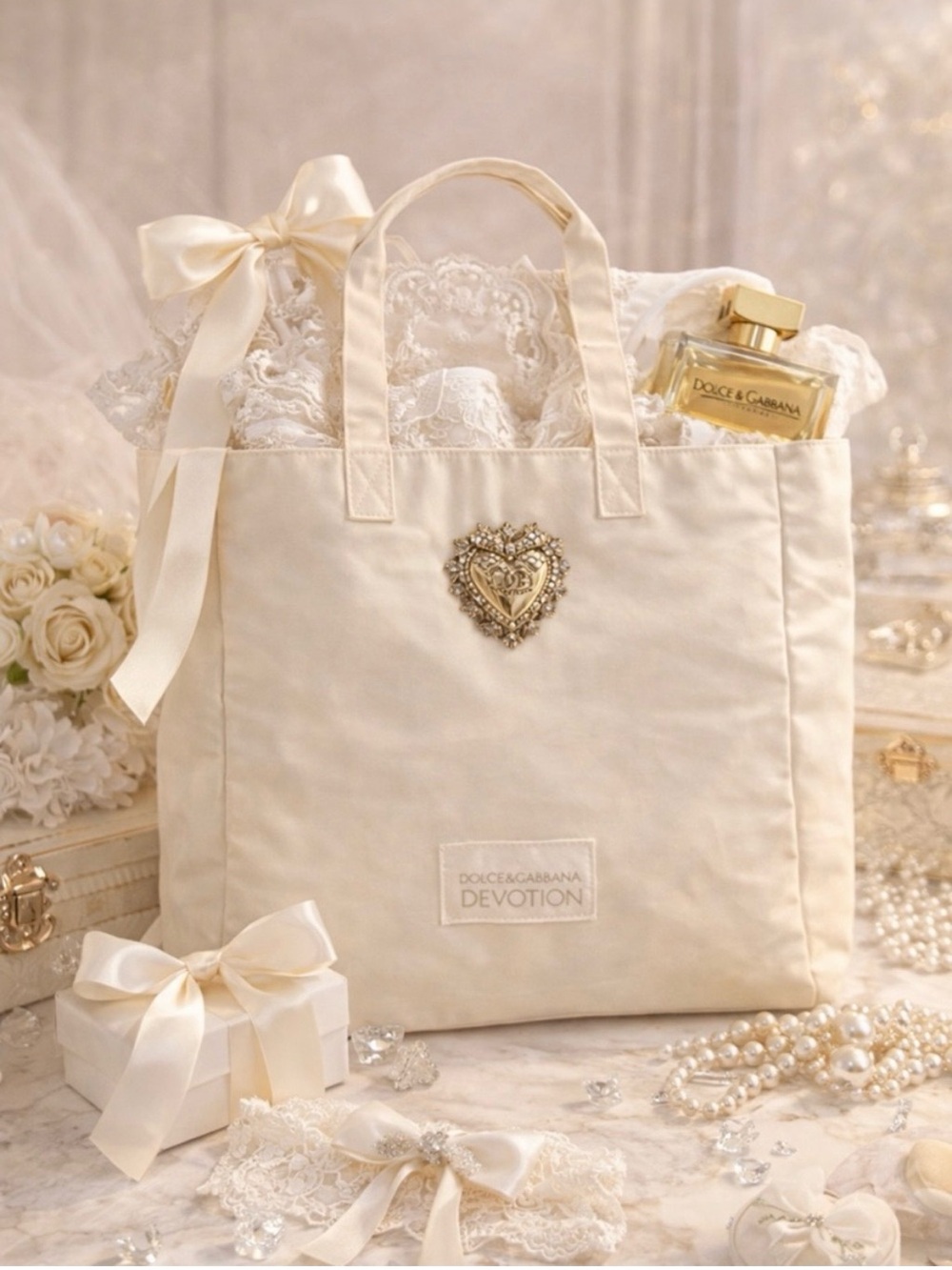 Dolce & Gabbana Cream Satin Tote with Decorative Heart Emblem